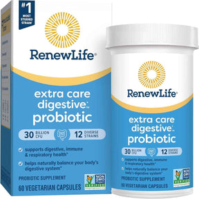 Frasco de suplemento RenewLife Probiótico Digestivo Cuidado Extra 60 Cápsulas Vegetarianas