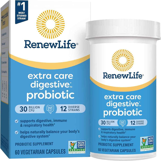 Frasco de suplemento RenewLife Probiótico Digestivo Cuidado Extra 60 Cápsulas Vegetarianas