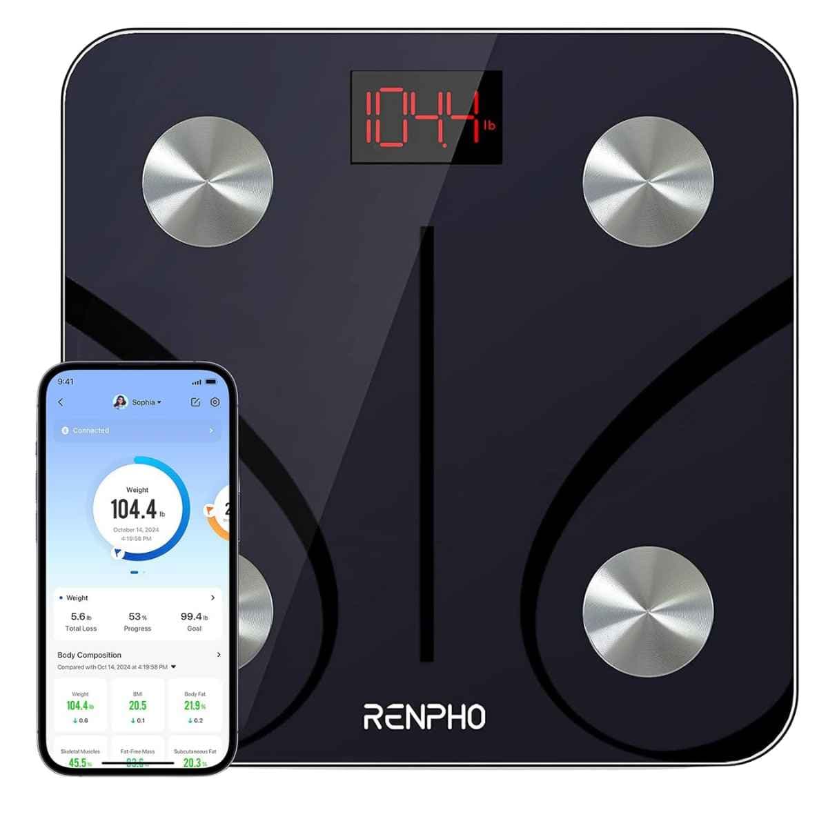 Báscula inteligente de grasa corporal RENPHO con pantalla LED y conexión a aplicación de smartphone
