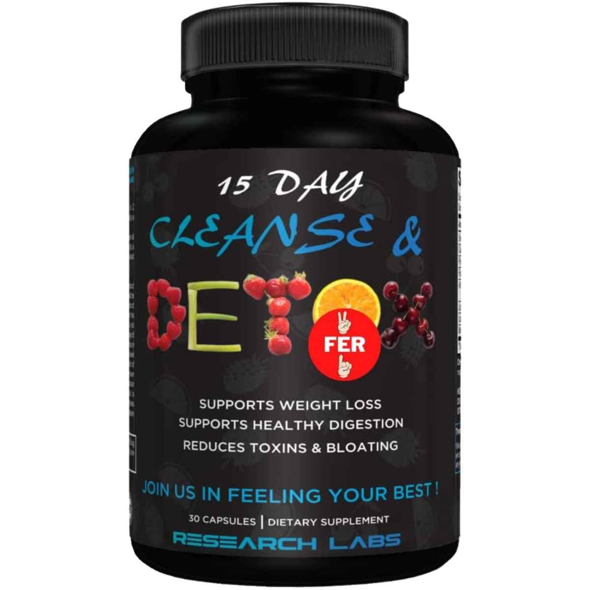 Frasco de suplemento Research Labs Fórmula Cleanse & Detox de 15 Días 30 Cápsulas