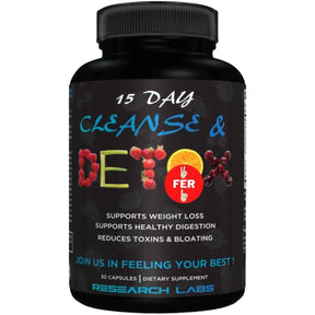 Frasco de suplemento Research Labs Fórmula Cleanse & Detox de 15 Días 30 Cápsulas