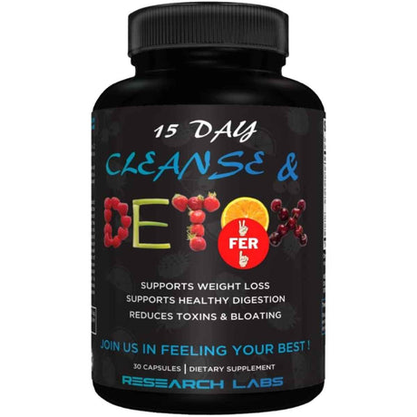 Frasco de suplemento Research Labs Fórmula Cleanse & Detox de 15 Días 30 Cápsulas