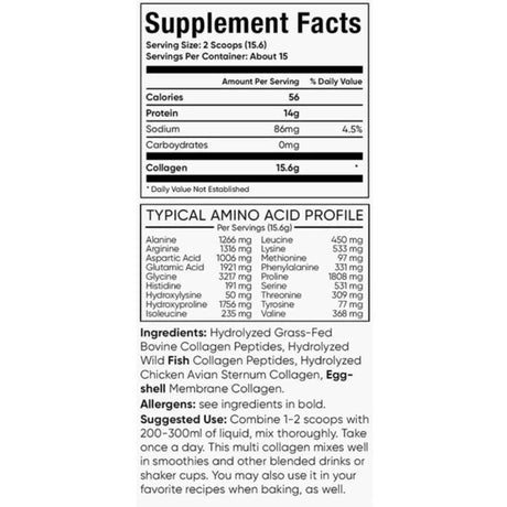 Tabla nutricional del suplemento Revive Naturals Multi Colágeno Hidrolizado 227 g polvo