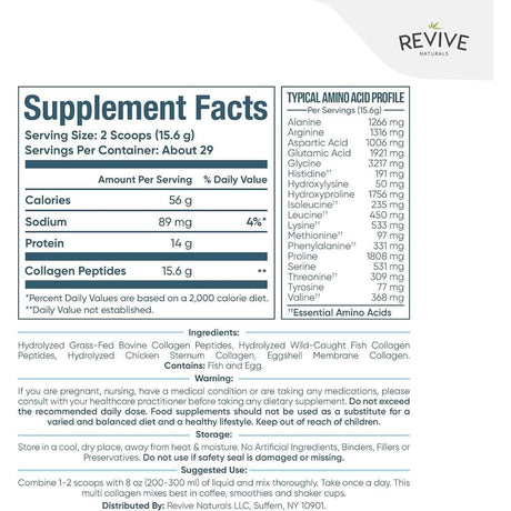 Tabla nutricional del suplemento Revive Naturals Multi Colágeno Hidrolizado 454 g polvo