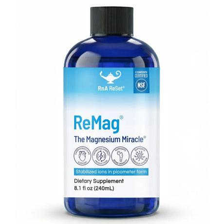 Botella frontal de RnA ReSet ReMag magnesio líquido, presentación de 240 ml.