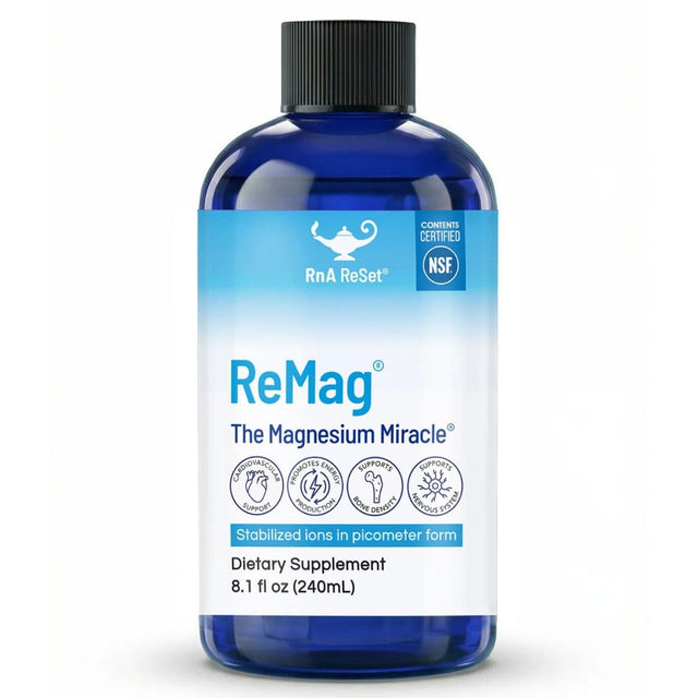 Botella frontal de RnA ReSet ReMag magnesio líquido, presentación de 240 ml.