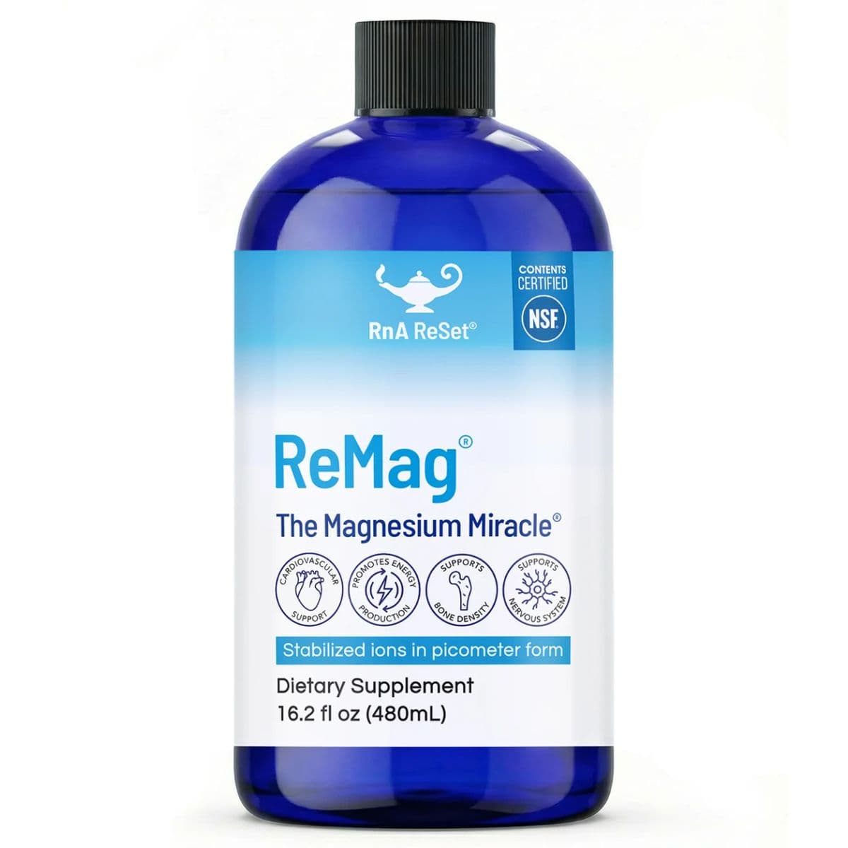 Botella frontal de RnA ReSet ReMag magnesio líquido, presentación de 480 ml.