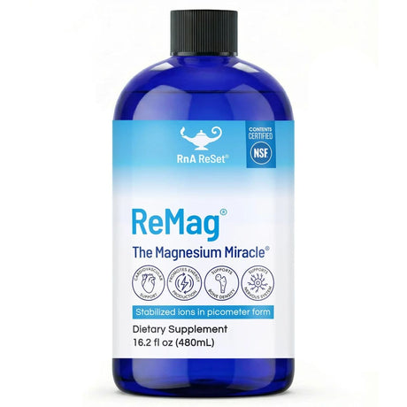 Botella frontal de RnA ReSet ReMag magnesio líquido, presentación de 480 ml.