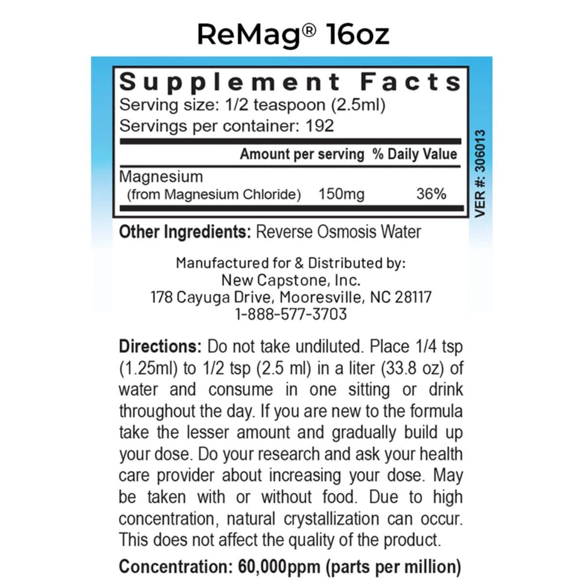 Panel de información del suplemento de RnA ReSet ReMag magnesio líquido, presentación de 16.2 fl oz.