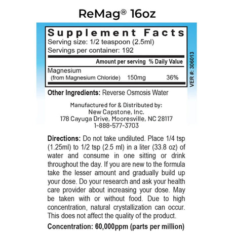 Panel de información del suplemento de RnA ReSet ReMag magnesio líquido, presentación de 16.2 fl oz.