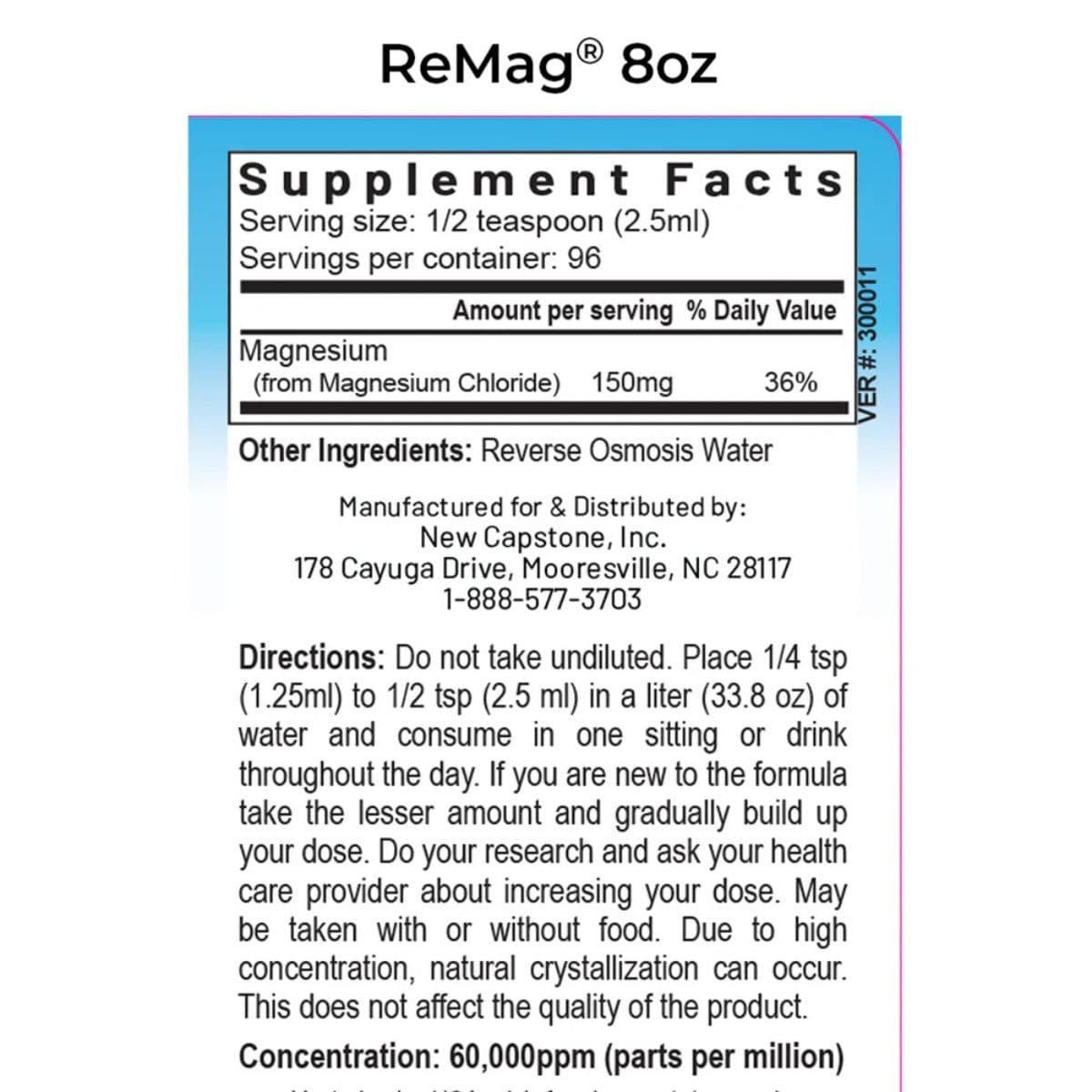Panel de información del suplemento de RnA ReSet ReMag magnesio líquido, presentación de 8.1 fl oz.