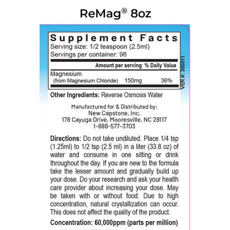 Panel de información del suplemento de RnA ReSet ReMag magnesio líquido, presentación de 8.1 fl oz.
