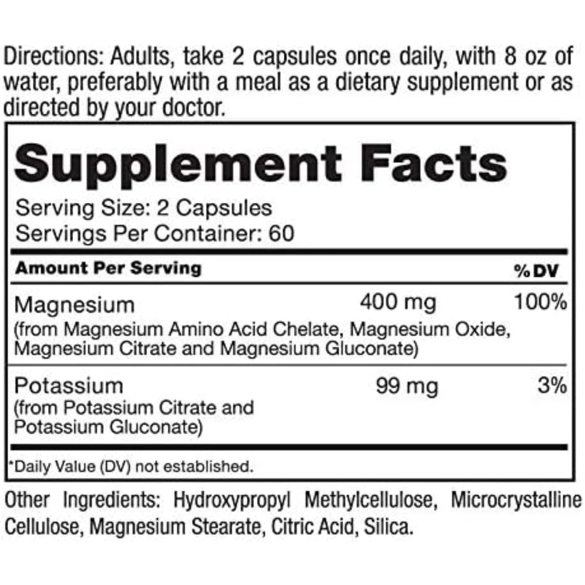 Información del suplemento Roex magnesio y potasio con cantidades por porción, ingredientes y modo de uso