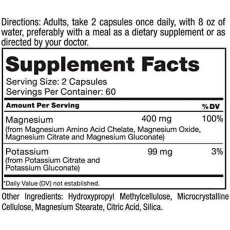 Información del suplemento Roex magnesio y potasio con cantidades por porción, ingredientes y modo de uso
