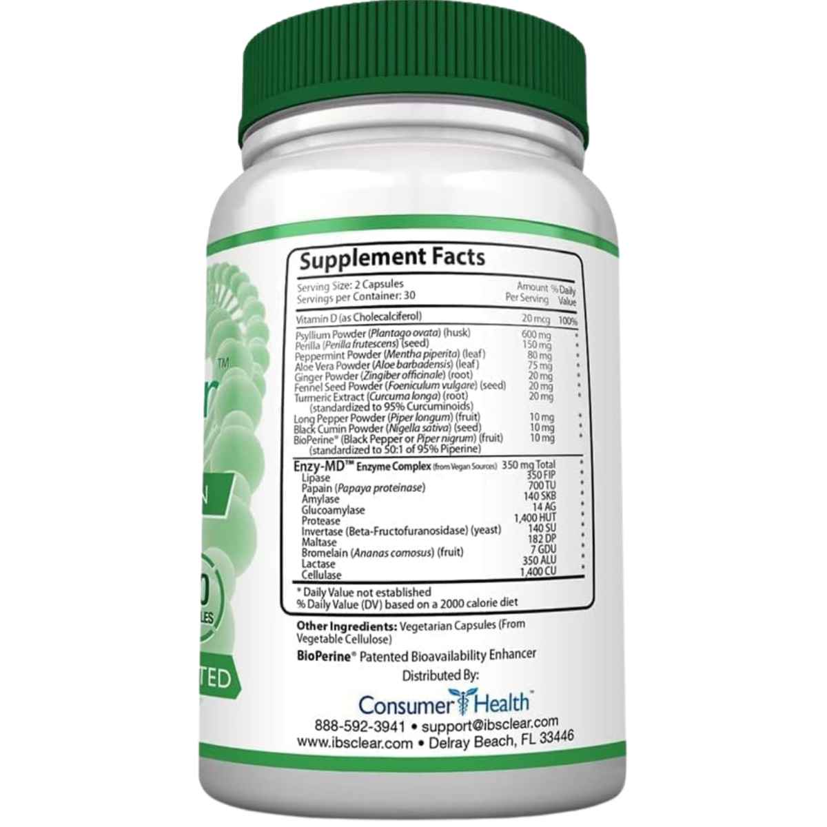 Consumer Health IBS Clear™ con BioPerine® - Alivio Para Síndrome De Intestino Irritable - 60 Cápsulas - Tabla Nutricional - Haz Tu Pedido