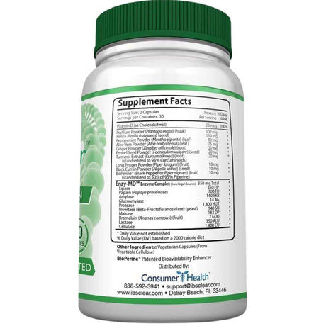 Consumer Health IBS Clear™ con BioPerine® - Alivio Para Síndrome De Intestino Irritable - 60 Cápsulas - Tabla Nutricional - Haz Tu Pedido