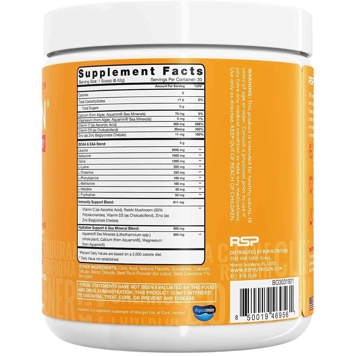 Tabla nutricional del suplemento RSP AminoLean Recovery Naranja Roja 245 g