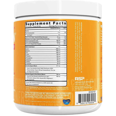 Tabla nutricional del suplemento RSP AminoLean Recovery Naranja Roja 245 g