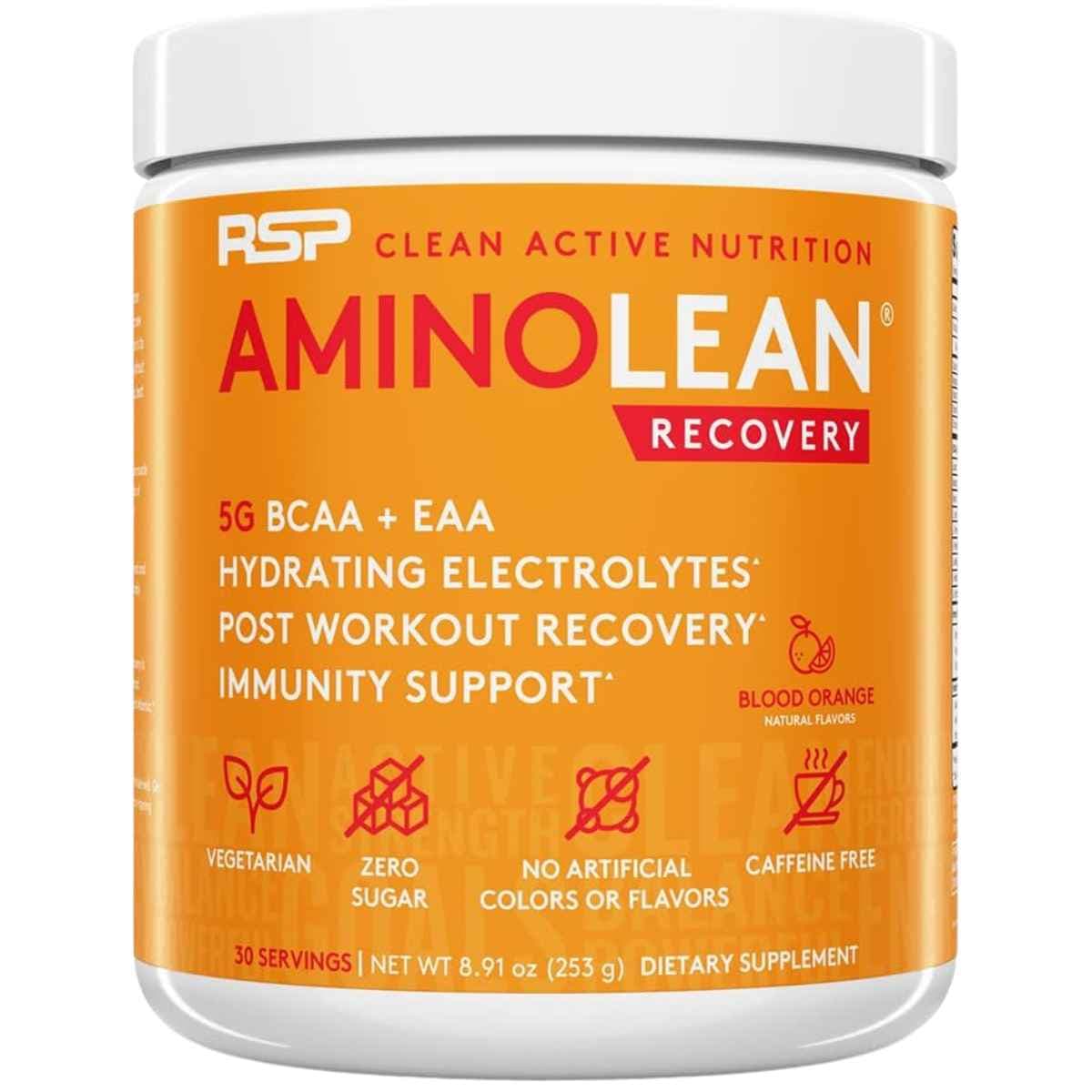 Frasco de suplemento RSP AminoLean Recovery Naranja Roja 245 g