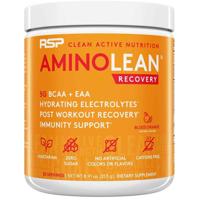 Frasco de suplemento RSP AminoLean Recovery Naranja Roja 245 g