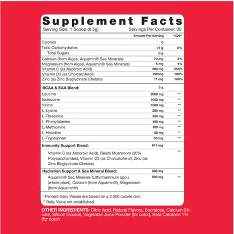 Panel de información del suplemento de RSP Nutrition AminoLean Recovery sabor Tropical Island Punch.