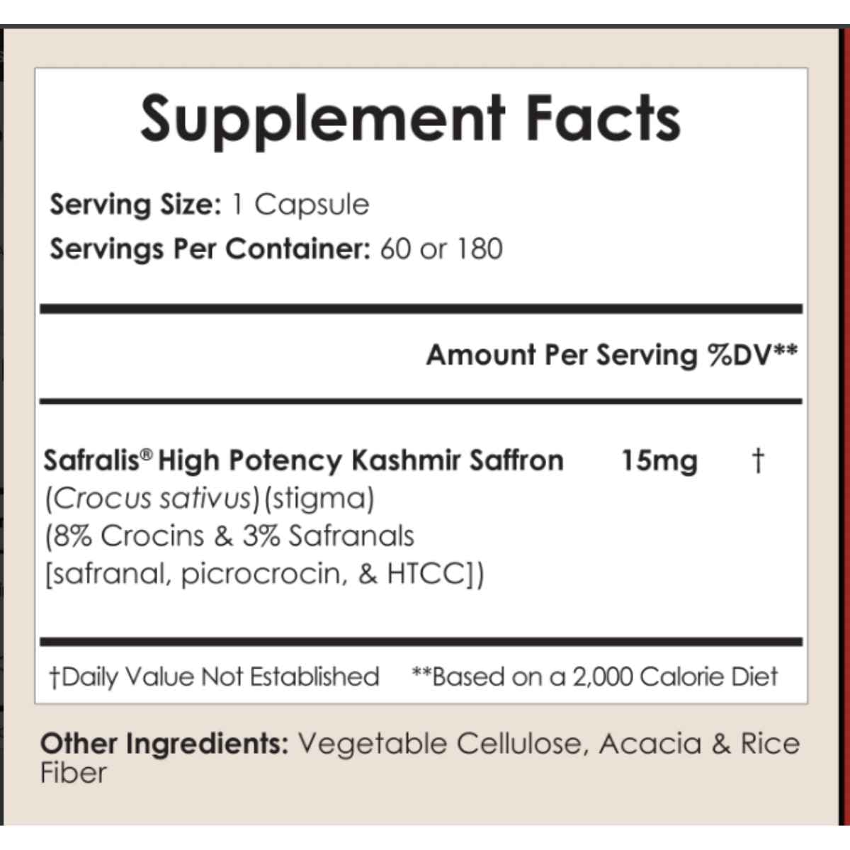 Safralis tabla nutricional 15mg 180 cápsulas
