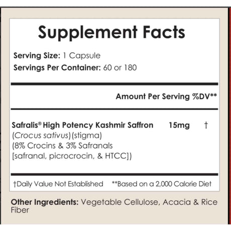 Safralis tabla nutricional 15mg 180 cápsulas