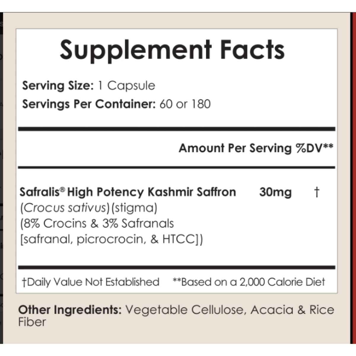 Safralis tabla nutricional 30mg 180 cápsulas