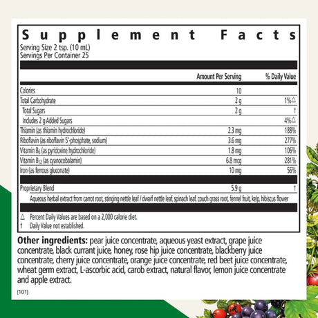 Tabla nutricional del suplemento Salus Floradix Hierro + Hierbas suplemento líquido 250 ml