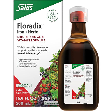 Frasco de suplemento Salus Floradix Hierro + Hierbas suplemento líquido 500 ml