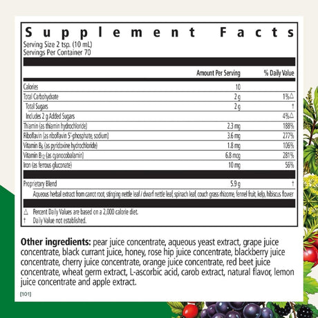 Tabla nutricional del suplemento Salus Floradix Hierro + Hierbas suplemento líquido 700 ml