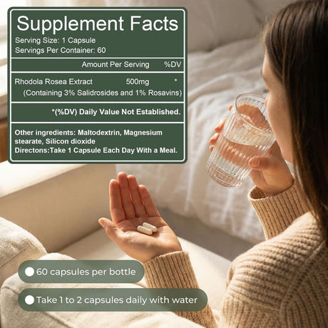 Información del suplemento Salvora Rhodiola rosea 500 mg por cápsula y 60 cápsulas