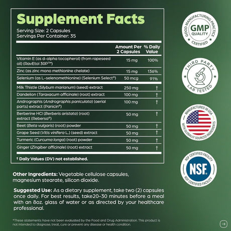 Tabla nutricional del suplemento Sandhus Nutrition Cardo Mariano Complejo 70 cápsulas