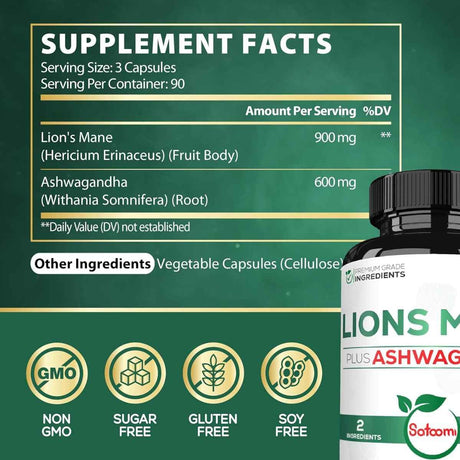 Tabla nutricional del suplemento Satoomi Melena de León y Ashwagandha 270 cápsulas