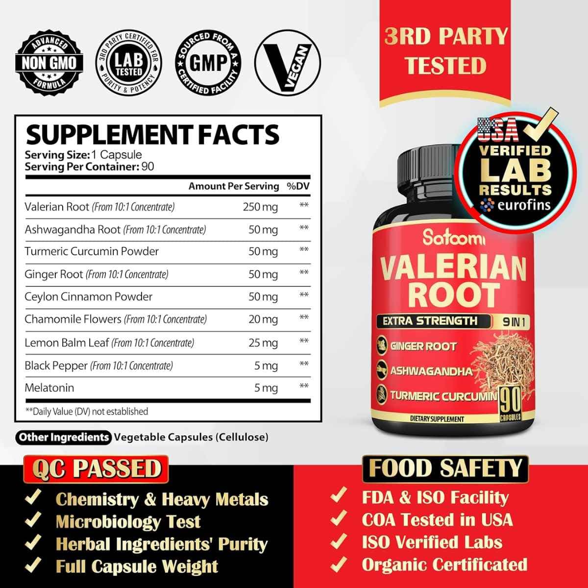 Tabla nutricional del suplemento Satoomi Raíz de Valeriana 90 cápsulas