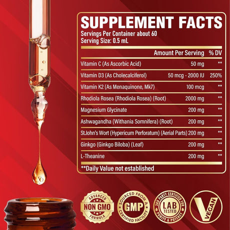 Información del suplemento de Satoomi rhodiola rosea 9 en 1 con glicinato de magnesio en gotas, 30 ml.