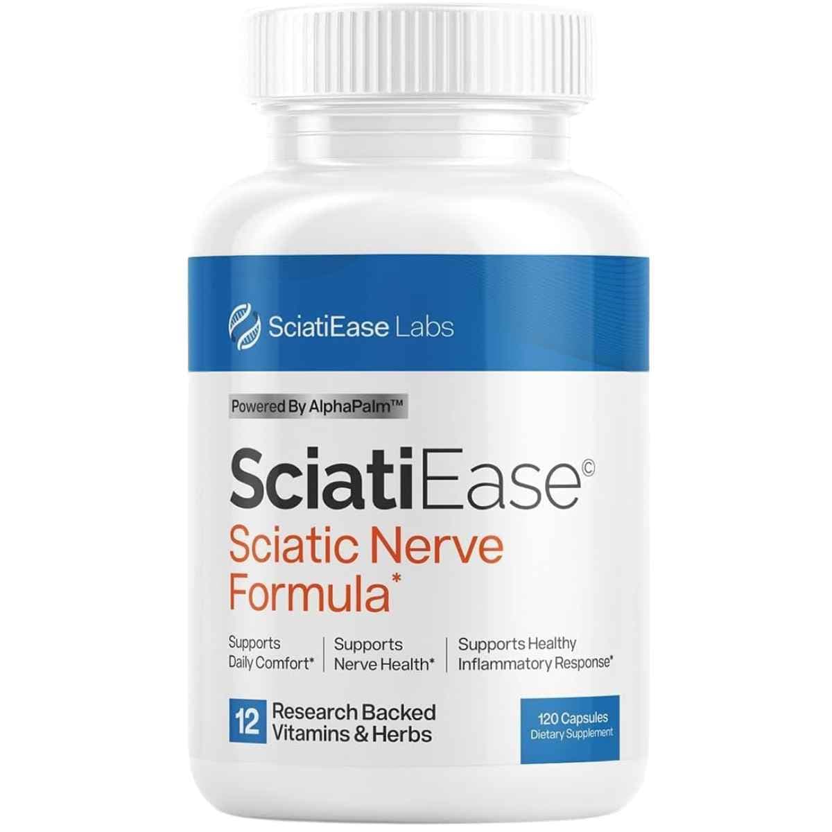 Frasco de suplemento SciatiEase Labs Fórmula AlphaPalm™ 900 mg 120 Cápsulas
