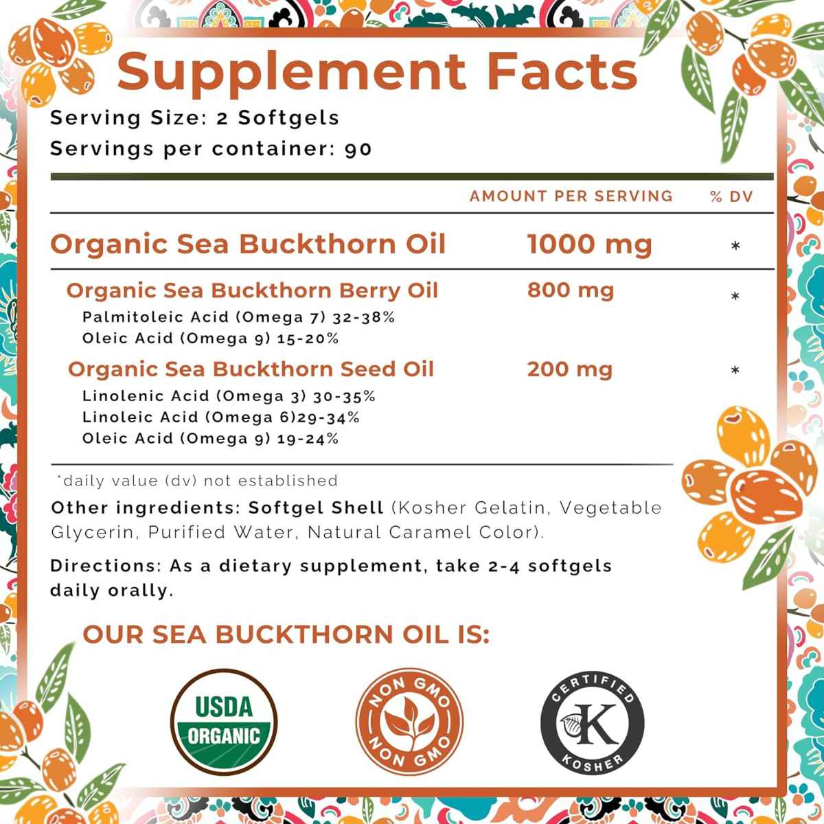 Información del suplemento de SeabuckWonders Omega-7 Complete con aceite de espino amarillo, 180 cápsulas blandas