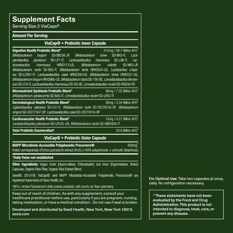 Tabla nutricional del suplemento Seed Health DS-01 Probiótico con Prebiótico 60 cápsulas