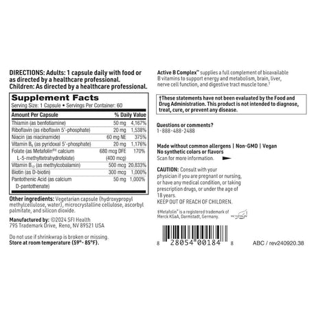 Tabla nutricional del suplemento SFI Health Active B Complex 60 cápsulas