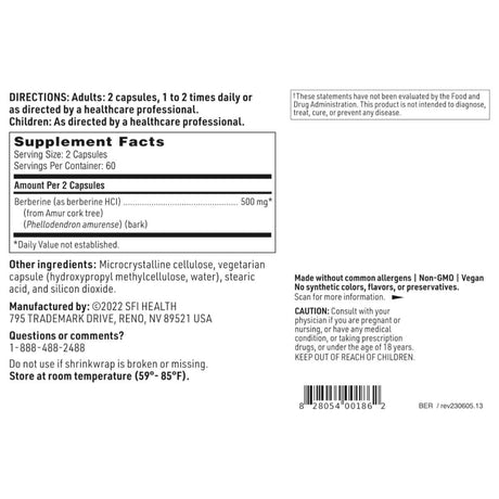 Tabla nutricional del suplemento SFI Health Berberina HCI 500 mg 120 cápsulas