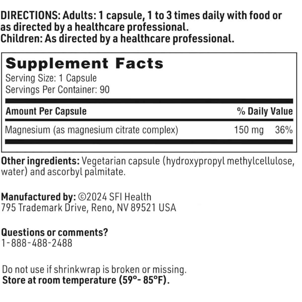 Tabla nutricional del suplemento SFI Health Citrato de Magnesio 150 mg 90 cápsulas
