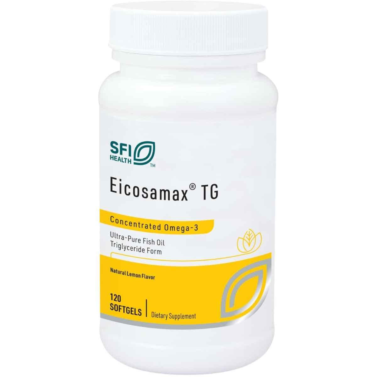 Frasco frontal de SFI Health Eicosamax TG con 120 cápsulas blandas.