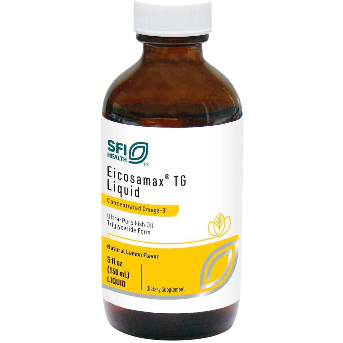 Frasco frontal de SFI Health Eicosamax TG omega 3 líquido, presentación de 150 ml.