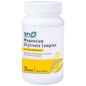 Frasco de Magnesium Glycinate Complex de SFI Health con 100 cápsulas, suplemento de magnesio en envase blanco.