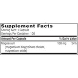 Etiqueta Supplement Facts de Magnesium Glycinate Complex de SFI Health con información de magnesio y fuentes del mineral.