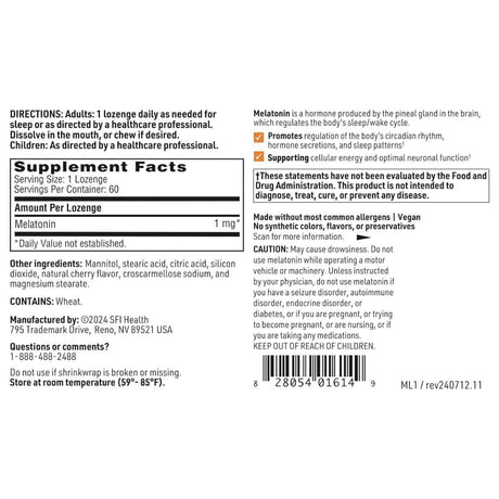 Tabla nutricional del suplemento SFI Health Melatonina 1 mg 60 tabletas.