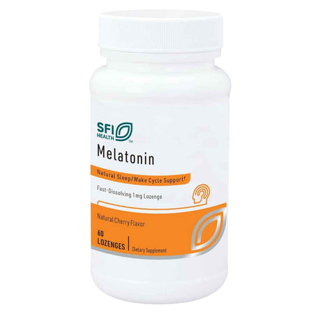 Frasco de suplemento SFI Health Melatonina 1 mg 60 tabletas sabor cereza natural.