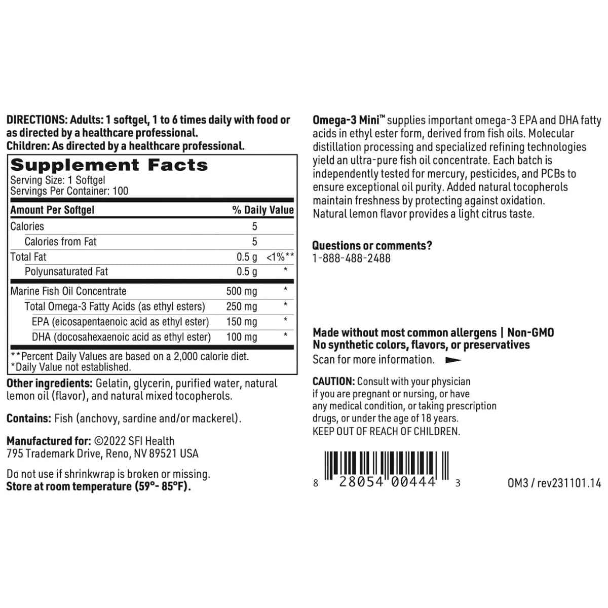Información del suplemento de SFI Health Omega-3 Mini con EPA y DHA por cápsula blanda.