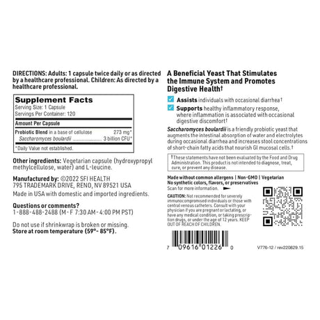 Tabla nutricional del suplemento SFI Health Saccharomyces boulardii 120 cápsulas